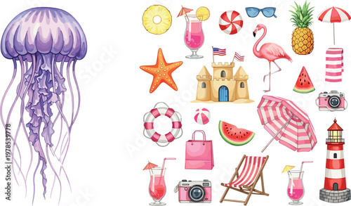 Summer beach elements collection with jellyfish starfish flamingo pineapple and seaside accessories cartoon vector illustration set