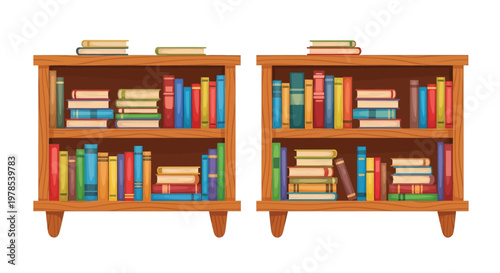 Two wooden bookshelves are filled with colorful books stacked and arranged neatly on shelves
