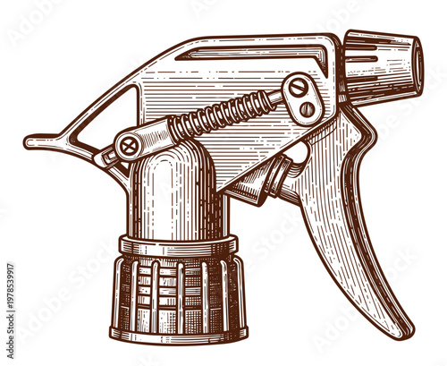 Spray gun trigger nozzle vector woodcut illustration, brown engraving style object.