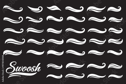 Vector swash swoosh flourish design elements. Curly swish tails and sporty plume swirl logo vector elements for retro banners