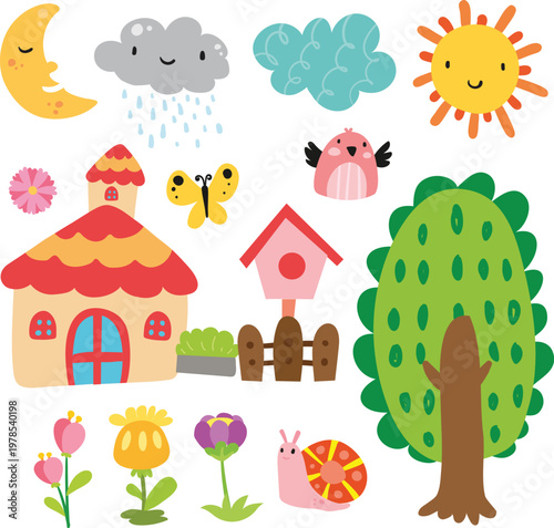 Simple family life doodle with parents children and dog vector