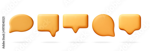 Set of yellow 3d speech bubble icons. Collection of chat box shapes for social media message, communication and feedback. Isolated digital glossy notification talk balloon. Vector illustration