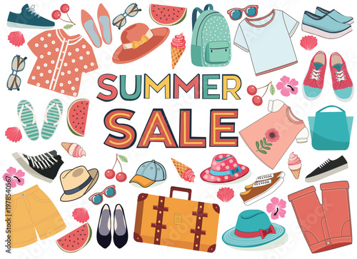 Accessories and clothes for summer sale.