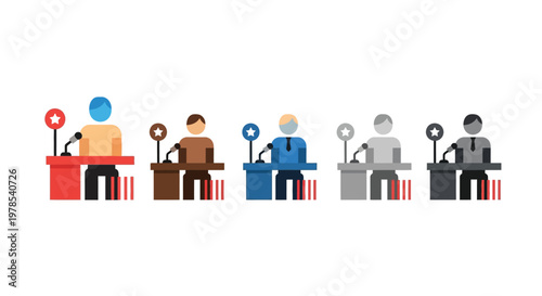 A graphic representation depicts a political debate with six figures standing at podiums
