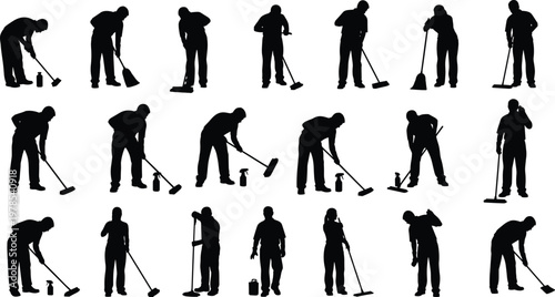 Professional, cleaners, silhouettes, set, of, janitors, sweeping, mopping, cleaning, floor, with, broom, spray, bottle, and, maintenance, staff, working, poses, collection.