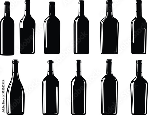 Set of black wine bottle silhouettes isolated on white background, various glass container shapes for alcohol drinks and winery branding,