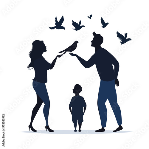Silhouette illustration of a family interacting with flying birds in a symbolic scene silhouette connection interaction illustration minimalist symbolic togetherness childhood daughter