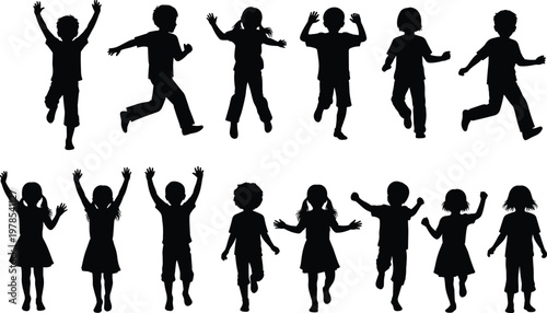 Set of children silhouettes jumping and running, happy kids playing together, active childhood youth movement, isolated vector icons on white.