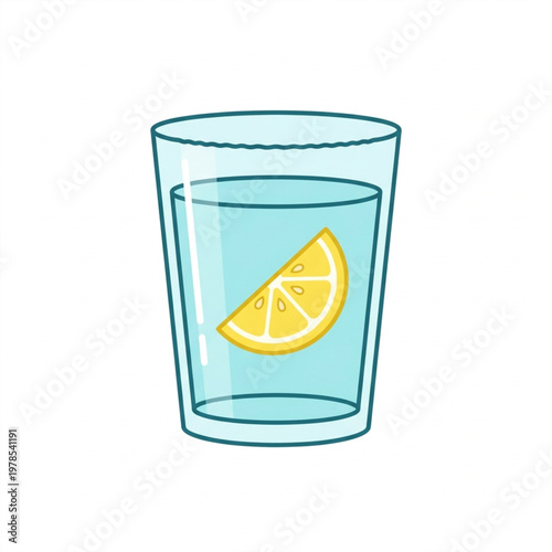 Minimalist vector illustration of a fresh glass of water with a lemon slice inside on a white background
