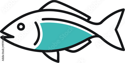 A simple graphic illustration depicting a stylized fish icon with a clean outline and vibrant teal body section, perfect for various design projects.