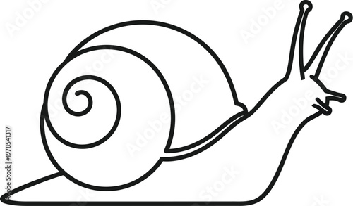 A minimalist black outline vector illustration of a garden snail, showing its spiraled shell and antennae, presented in a clean, simple style for various design projects.