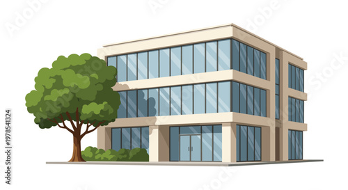 Modern three-story corporate office building featuring large glass windows and a lush green tree stands prominently on a clean white studio background.