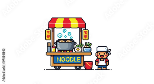 This pixel art vector illustration depicts a charming noodle cart with a smiling chef, steaming pot, and colorful lanterns on a white background.