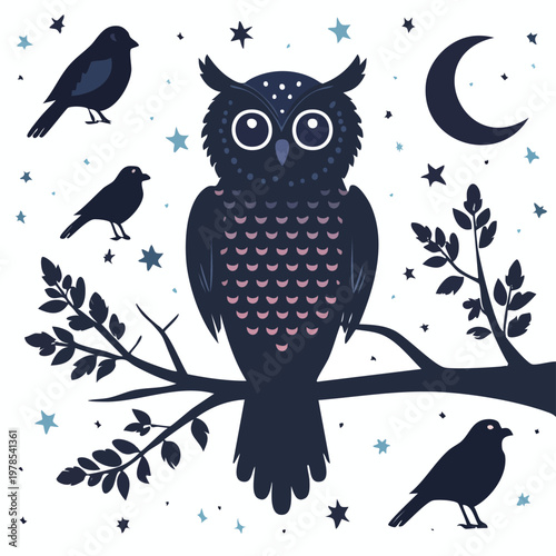 Owl sitting on a branch with birds under night sky wildlife illustration silhouette nocturnal decorative whimsical creature feathers nighttime mystical isolated abstract ornamental