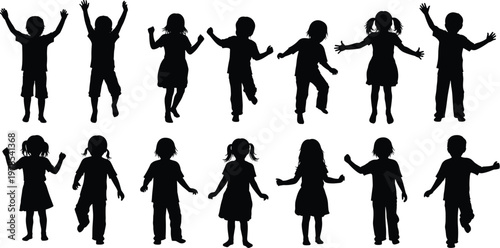 Set of happy children silhouettes jumping and dancing, active kids playing together, childhood joy, youth movement, isolated on white background.