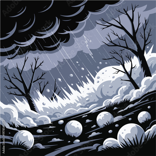 Illustration of a snowy landscape with bare trees and hail storm
