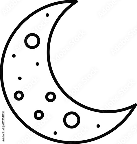 Black and white illustration of a crescent moon with craters and stars