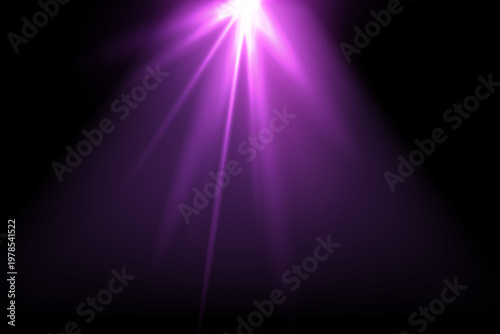 Purple lens flares set. Sun flash with rays or gold spotlight and bokeh. Isolated on transparent background. Violet glow flare light effect. Vector illustration.