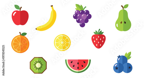 Assorted fresh fruits including apple banana and grapes are arranged neatly on a clean white surface with vibrant colors and sharp flat vector details.