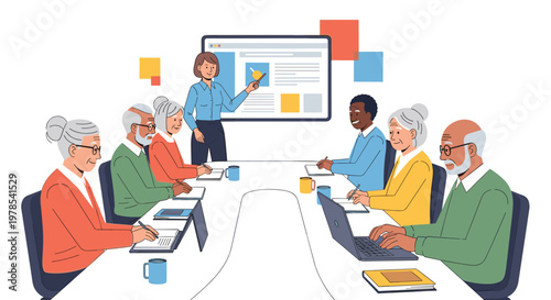 Diverse elderly professionals engage in a collaborative meeting room presentation while a woman points to a screen with colorful charts and data points.