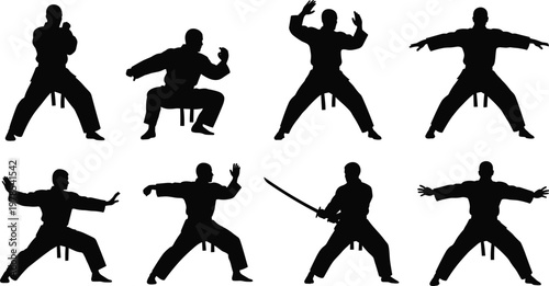 Set Of Martial Arts Silhouettes Isolated On White Background For Karate Kung Fu Judo Samurai Sword Training And Sports Combat Design (21 words)