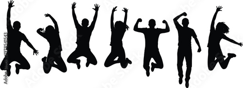 Set of happy jumping people silhouettes expressing joy and freedom with diverse group of men and women celebrating in air
