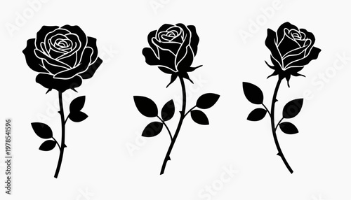 Set of decorative rose with leaves. Flower silhoutte. Vector illustration