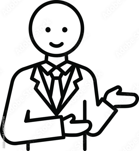 A friendly business professional in a suit and tie gestures with open hands, welcoming or presenting information in a clear and approachable manner.
