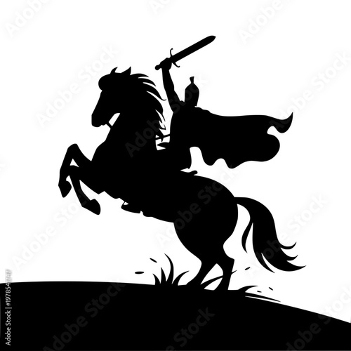 Knight on horseback charges forward with sword raised high in air