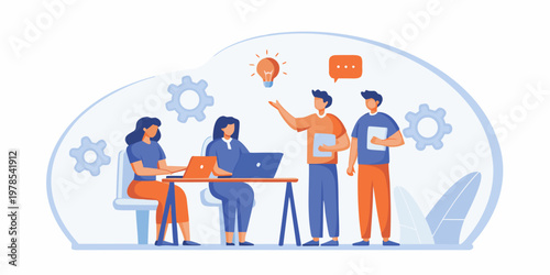 Team brainstorming ideas with a glowing lightbulb and digital devices