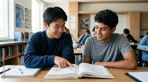 Diverse male students studying textbook together in school classroom.