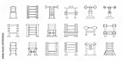Assorted gymnastic equipment and training ladders in a black and white sketch