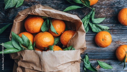 Fresh oranges spilling from brown paper bag on rustic wooden surface