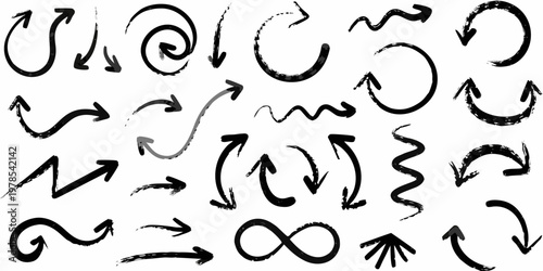 Collection of hand drawn black arrows and curved lines on white background