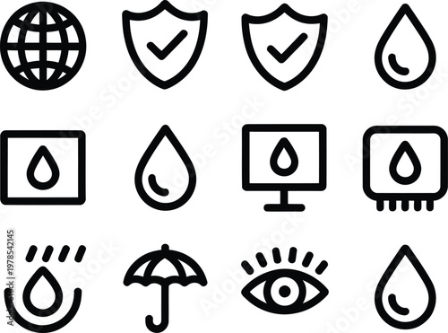 Black line icons of water drops and protection symbols on white background