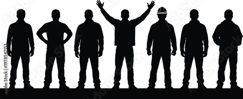 Set of professional construction worker silhouettes standing in row with hard hat engineer and laborer icons for industrial labor teamwork