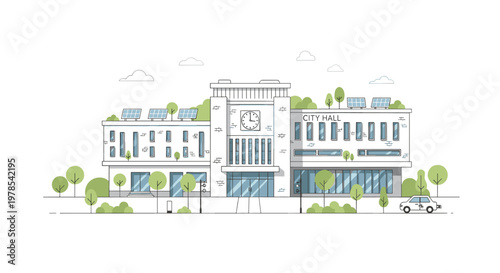 Detailed city hall building illustration featuring a central clock tower and solar panels on the roof with a small car parked on a clean white background.