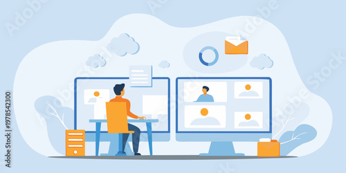 Man participating in a virtual meeting using multiple computer screens