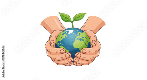Illustrated vector graphic depicts two hands gently cupping a globe sprouting a green plant, symbolizing the human care concept for Earth on a white background in a simple, clean