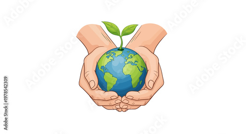 Stylized vector art depicts human hands gently cupping a globe with a small green plant sprouting from the top, set against a clean white background, symbolizing the concept