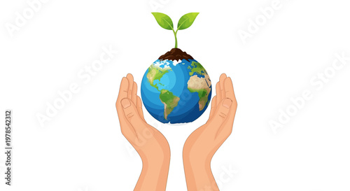 Illustrated vector art depicting human hands gently cradling a globe with a small green plant sprouting from the top, symbolizing Earth Day and environmental care against a clean white