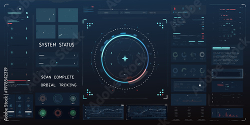 Futuristic user interface displaying system status orbital tracking and scan data