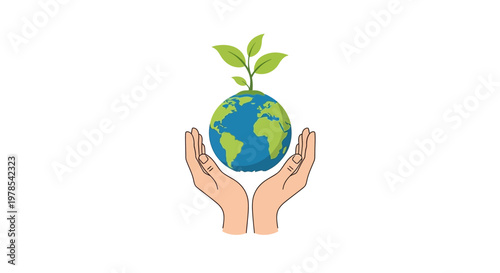 Stylized vector illustration showing human hands cradling a globe with a small green plant sprouting from the top, symbolizing the Human Care Concept against a clean white background