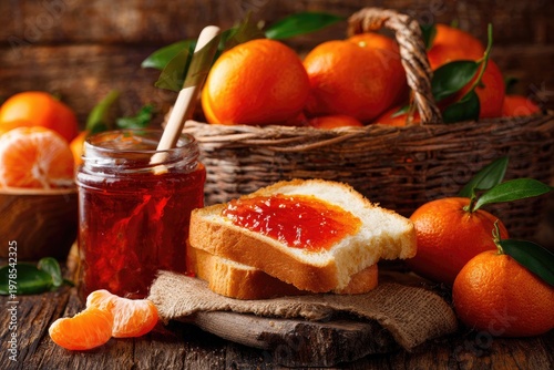 Fresh tangerines toast with jam and honey in a jar on a wooden surface