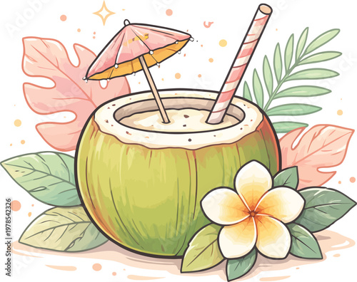 Title tropical coconut drink with flowers and lush greenery illustration description a watercolor illustration of