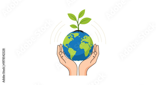 A vector illustration shows human hands carefully holding the Earth, with a small green plant growing out of the top, set against a clean white background to emphasize the message of global