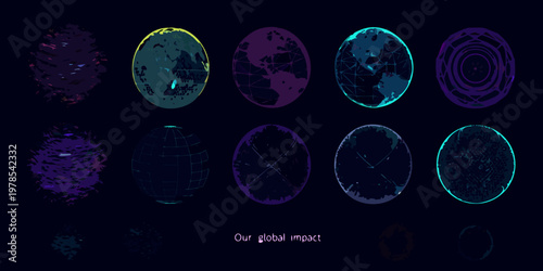 Abstract oval shapes with neon lines on a dark background