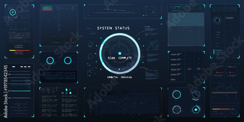 Futuristic user interface displaying system status and orbital tracking data