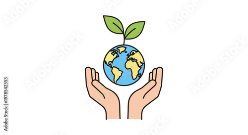 Conceptual vector illustration showing a pair of hands gently holding a small Earth globe, topped with a sprouting plant, set against a clean white background, illustrating the human care