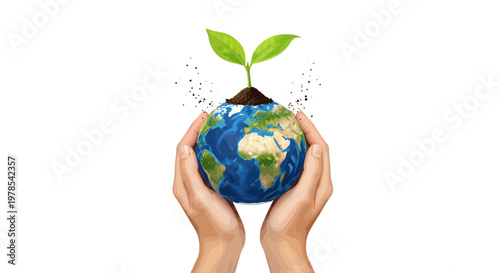 A digital illustration shows human hands gently holding a small plant growing out of the Earth, set against a clean white background, symbolizing care and environmental responsibility